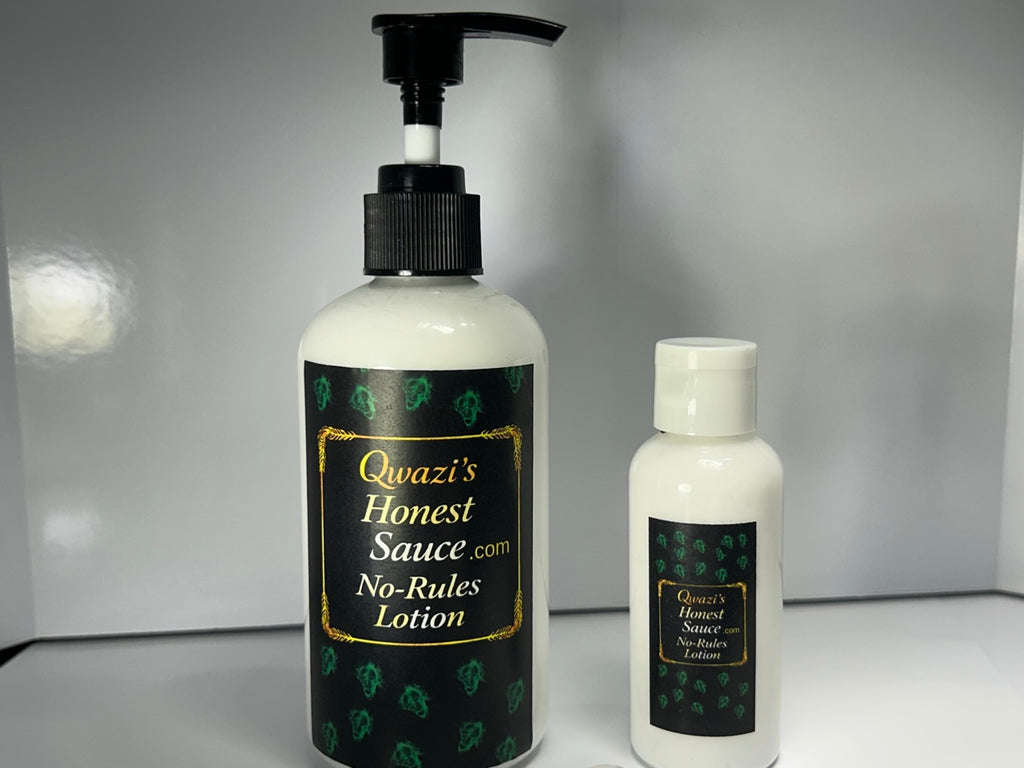 8 oz — Qwazi’s Honest Sauce “No-Rules Lotion” (Unscented) includes free 2 ounce sample bottle